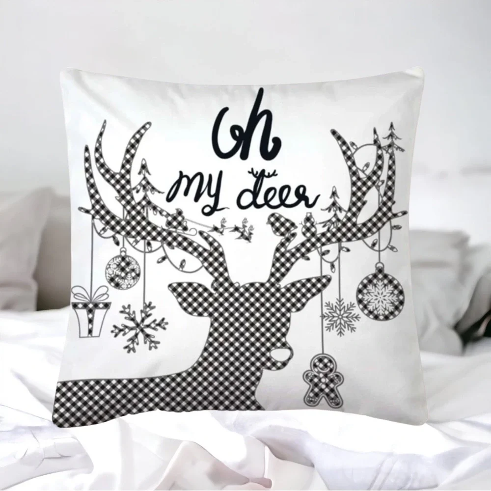 Pillow Cover Deer Christmas Zip Up Farmhouse White Black Plaid Large 17.7 in